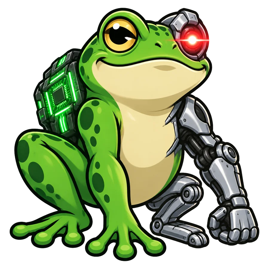 Frobo, a green frog with a chrome robotic arm, a glowing circuit chip on its back and a red laser eye