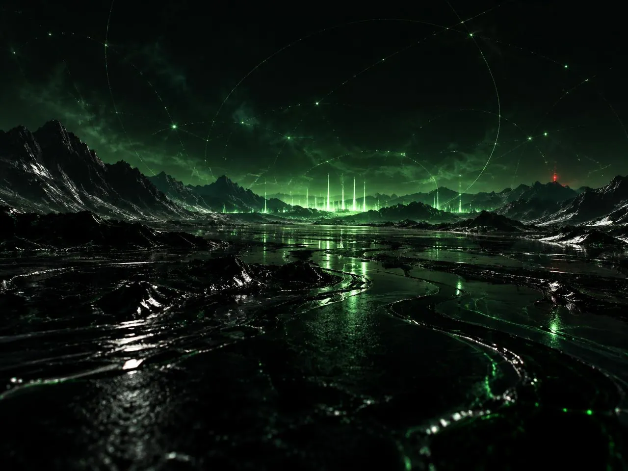 Distant green lights across a mysterious landscape beneath abstract network connections