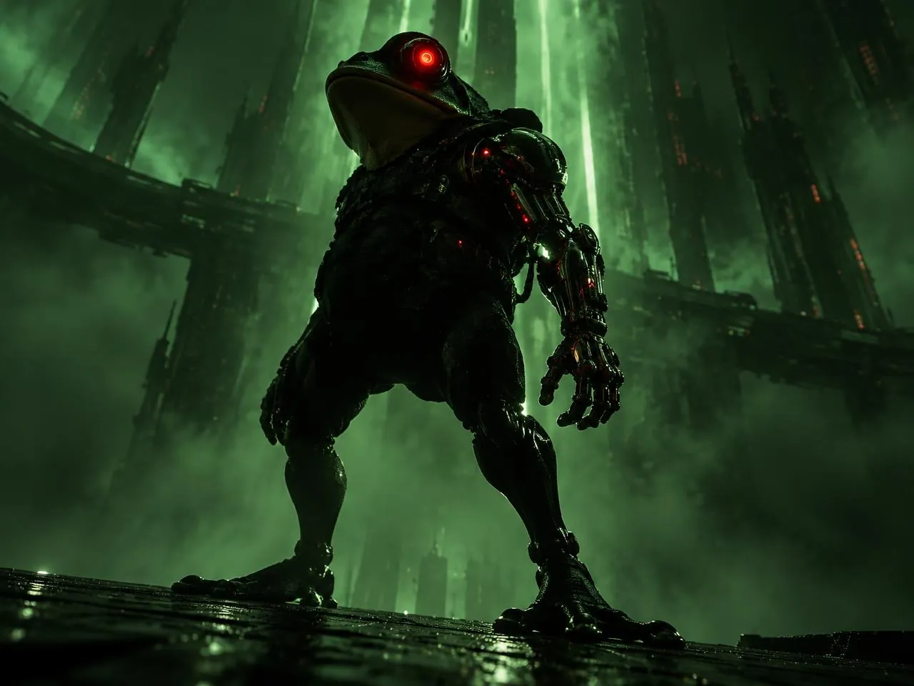 Frobo with a glowing red cybernetic eye beneath green-lit digital towers
