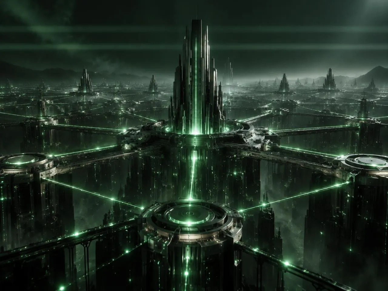 An imagined digital network of metallic towers connected by green light